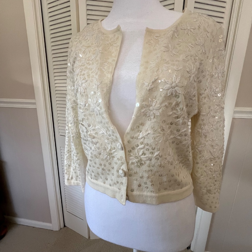 White house black market Off White Sequin and Embroidered light weight cardigan